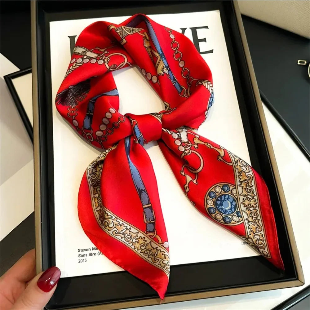 1PCS Red Luxury Chain Print Small Square Scarf Simulated Silk Thin Neck Scarf Fashion Sunscreen Headscarf Women 70x70cm