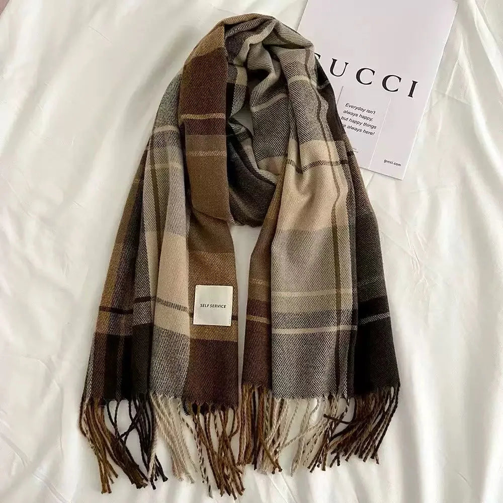 1 pc Fashionable and warm British plaid scarf for autumn and winter, retro and versatile plaid tassel shawl neck scarf, suitable