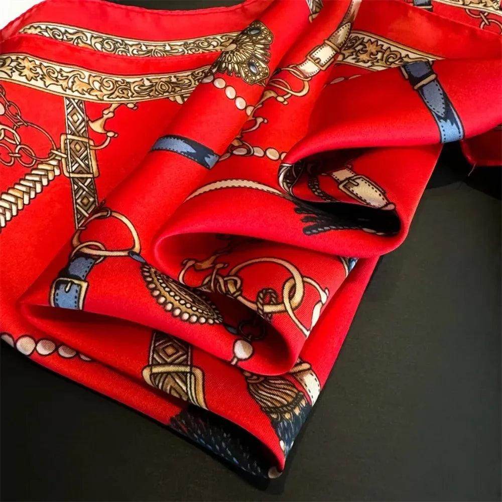 1PCS Red Luxury Chain Print Small Square Scarf Simulated Silk Thin Neck Scarf Fashion Sunscreen Headscarf Women 70x70cm