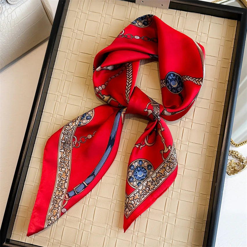 1PCS Red Luxury Chain Print Small Square Scarf Simulated Silk Thin Neck Scarf Fashion Sunscreen Headscarf Women 70x70cm