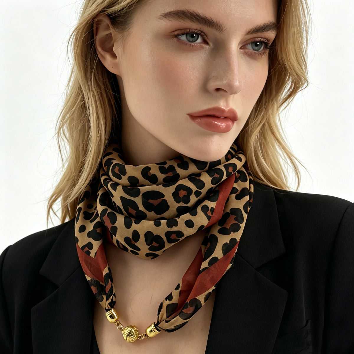 Leopard Print Magnetic Buckle Scarf, 60cm Square Thin Chiffon Neck Scarf, Quick & Easy Wear Fastening Neck Wrap,Decorative Scarf