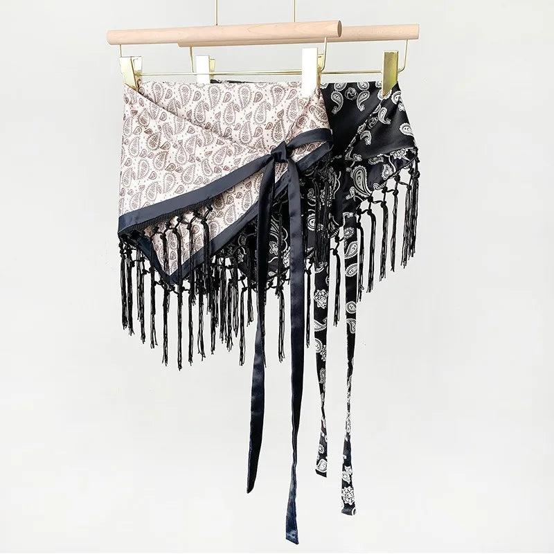 Tassel Tie Waist Seal Printed Triangle Scarf Women Spring Summer Fashion Skirt Panel Bohemian Layering Waistband Accessory