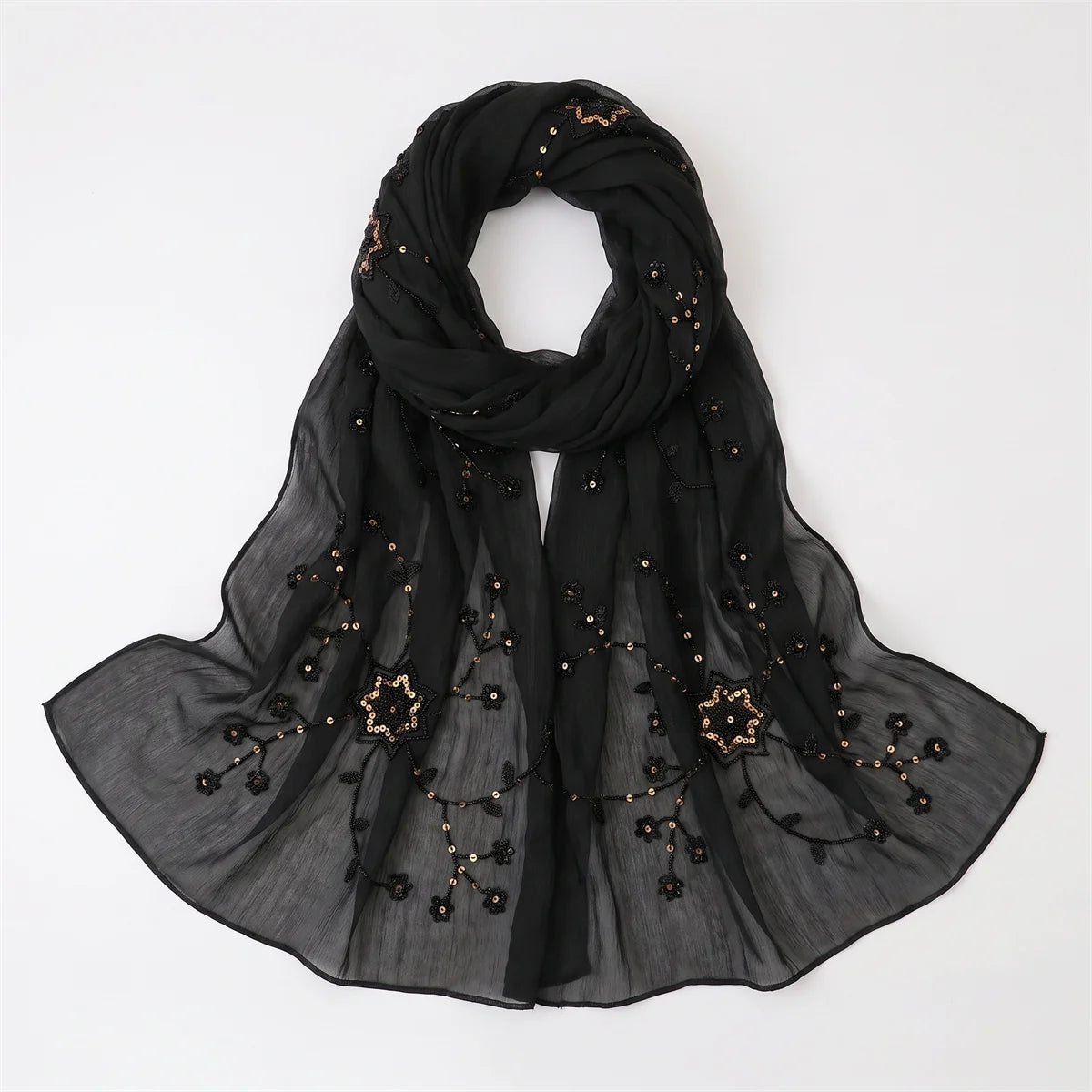 Fashion Crinkle Hijab Scarf With Floral Sequin Embroidery Lightweight Headscarf Shawl For Women Wedding Evening Cocktail Party