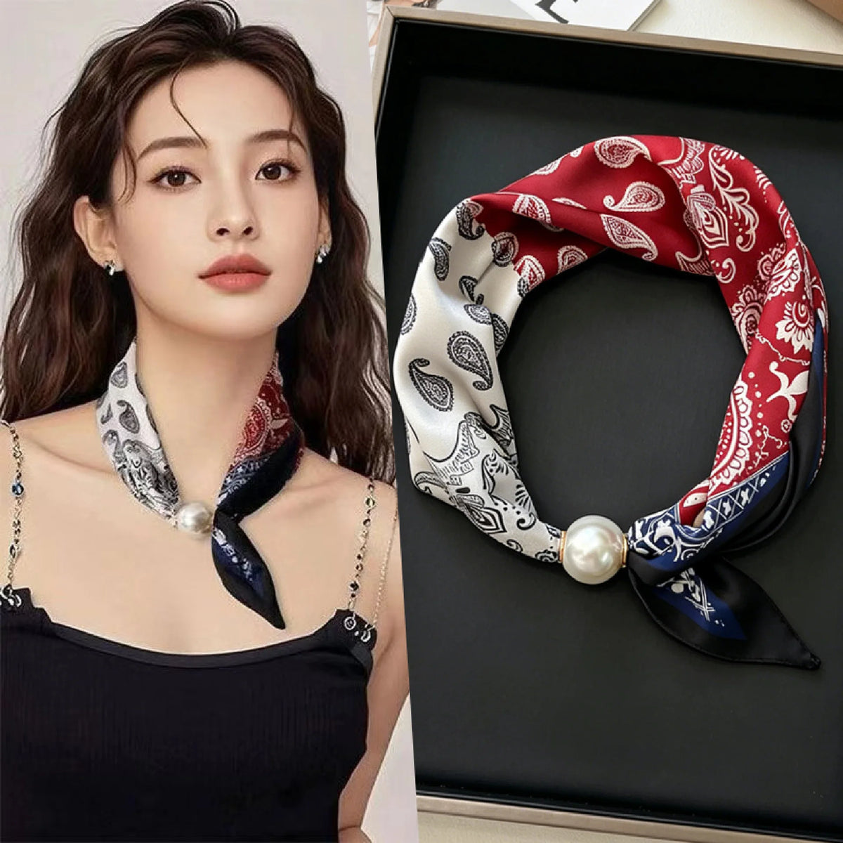 Luxury Knight Pearl Magnetic Scarf Women Summer Versatile Breathable Neckerchief Fashion Artistic Accessory Neck Wrap Scarves