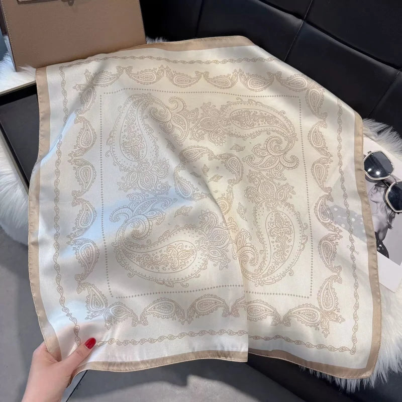 Vintage Beige Paisley Print Square Scarf Satin Silk Bandana for Women Summer Daily Commute Sun Protection Neck Hair Accessory