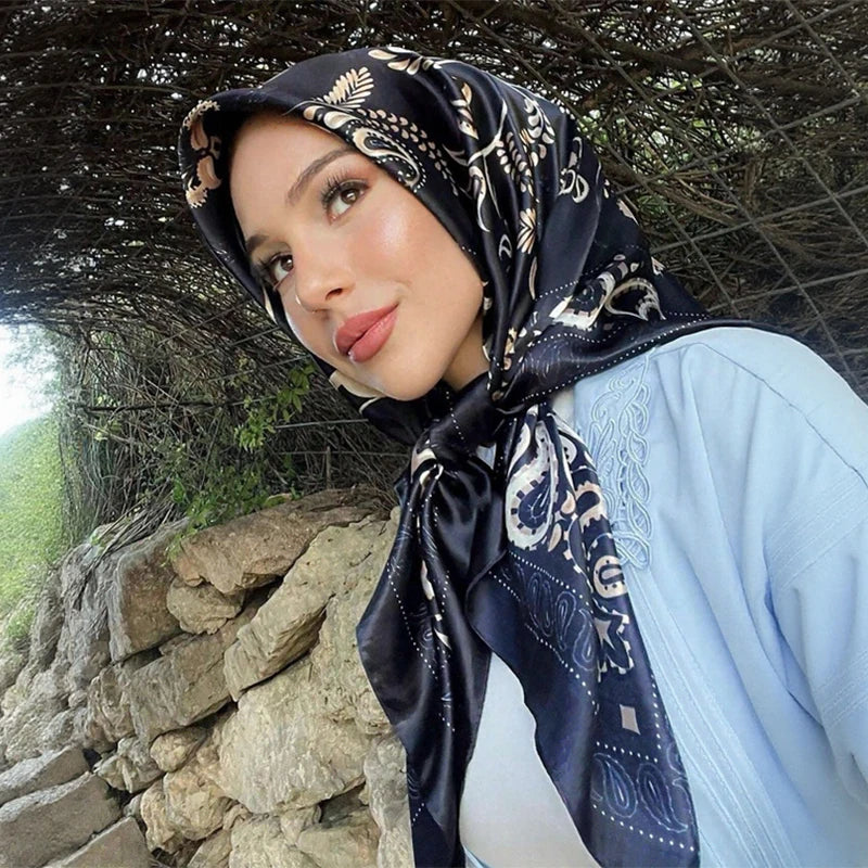 Satin Square Scarf Women Muslim Hijab Elegant 2025 Print Silk Neckerchief Shawl Wraps Headband Handle Hair Accessories Bandana