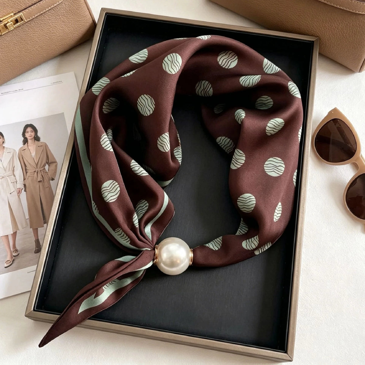 Luxury Knight Pearl Magnetic Scarf Women Summer Versatile Breathable Neckerchief Fashion Artistic Accessory Neck Wrap Scarves