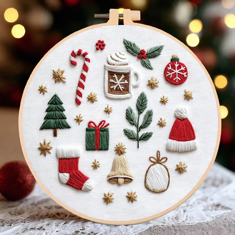 DIY Embroidery Christmas Tree Flower Wreath Winter Snow Cloth Hoop Threads Needles And English Instructions Kit Handmade Gift