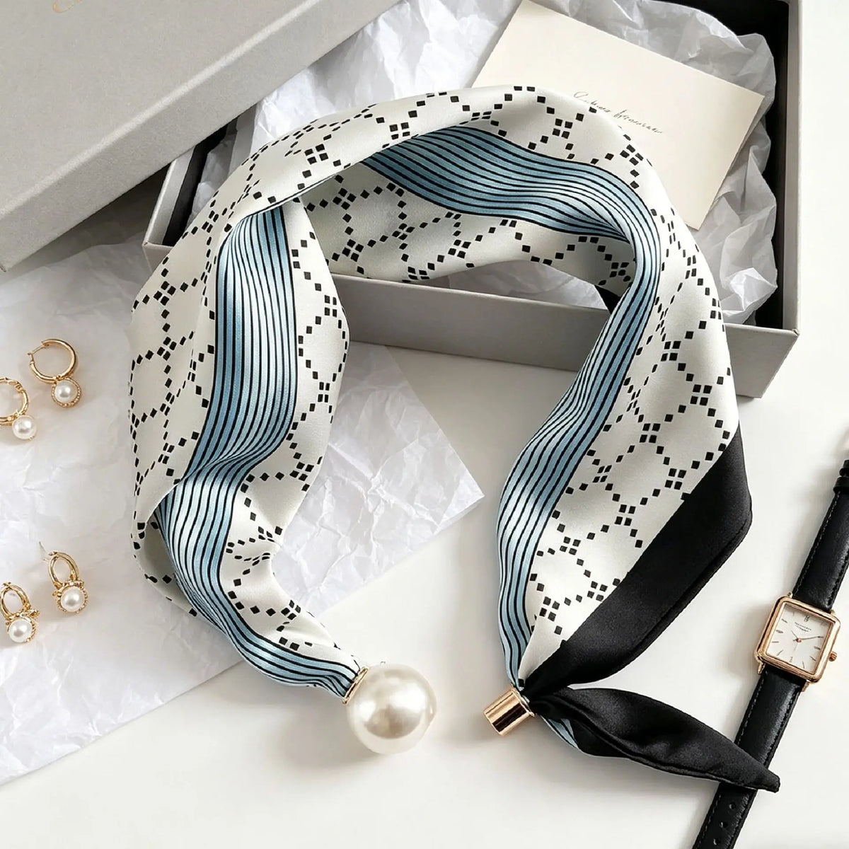 Luxury Knight Pearl Magnetic Scarf Women Summer Versatile Breathable Neckerchief Fashion Artistic Accessory Neck Wrap Scarves