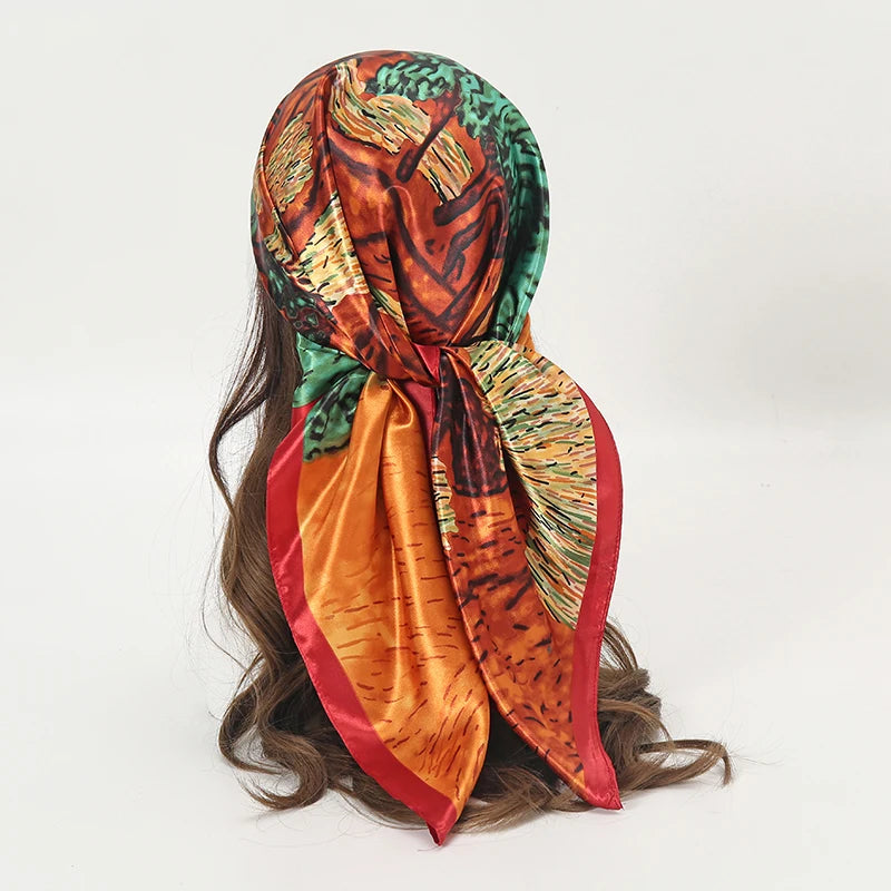 Satin Square Scarf Women Muslim Hijab Elegant 2025 Print Silk Neckerchief Shawl Wraps Headband Handle Hair Accessories Bandana