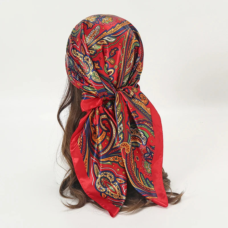 Satin Square Scarf Women Muslim Hijab Elegant 2025 Print Silk Neckerchief Shawl Wraps Headband Handle Hair Accessories Bandana