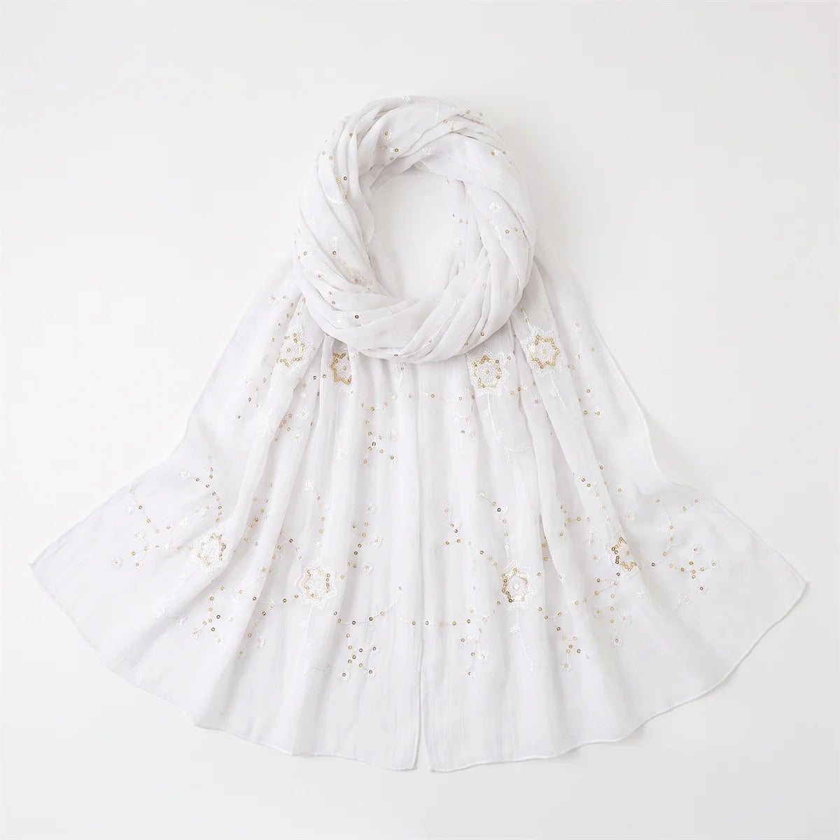 Fashion Crinkle Hijab Scarf With Floral Sequin Embroidery Lightweight Headscarf Shawl For Women Wedding Evening Cocktail Party