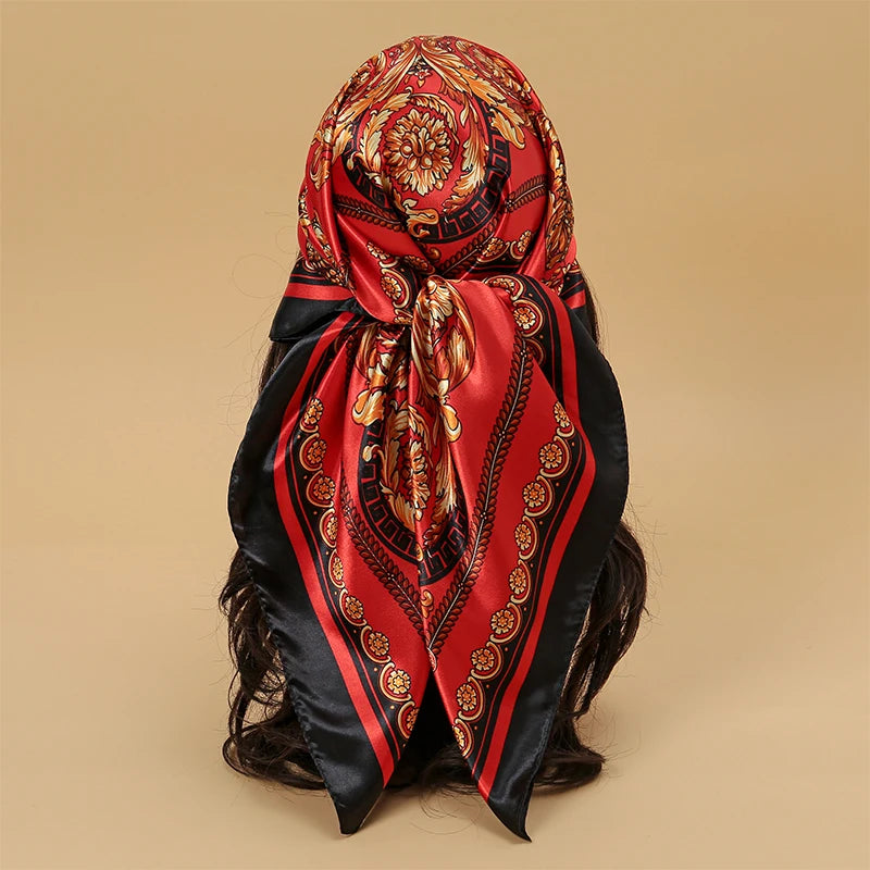 Satin Square Scarf Women Muslim Hijab Elegant 2025 Print Silk Neckerchief Shawl Wraps Headband Handle Hair Accessories Bandana