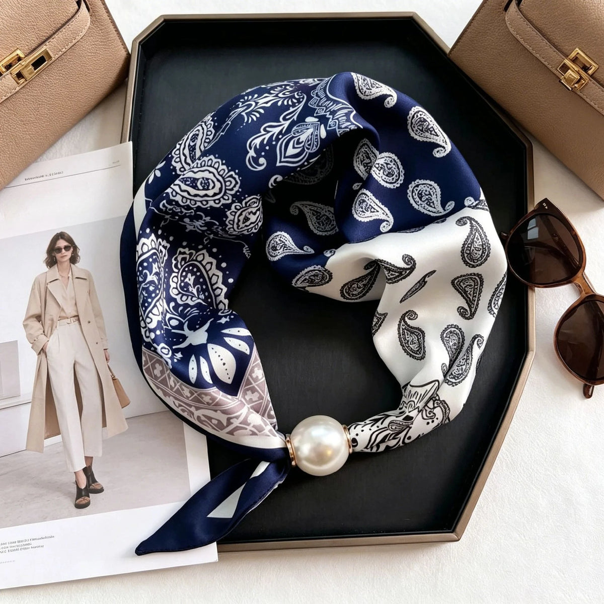 Luxury Knight Pearl Magnetic Scarf Women Summer Versatile Breathable Neckerchief Fashion Artistic Accessory Neck Wrap Scarves
