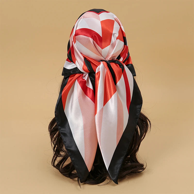 Satin Square Scarf Women Muslim Hijab Elegant 2025 Print Silk Neckerchief Shawl Wraps Headband Handle Hair Accessories Bandana