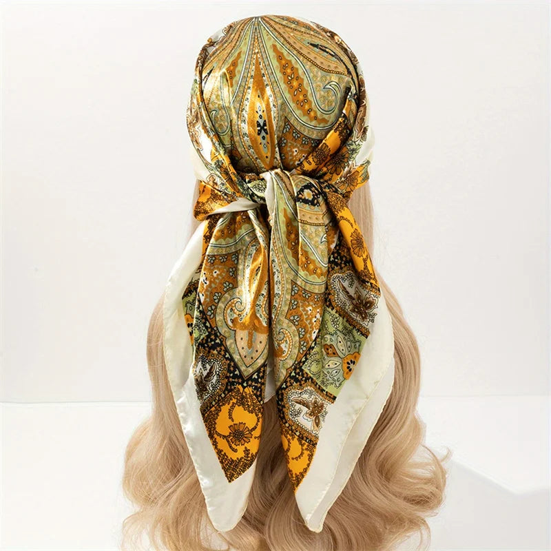 Satin Square Scarf Women Muslim Hijab Elegant 2025 Print Silk Neckerchief Shawl Wraps Headband Handle Hair Accessories Bandana