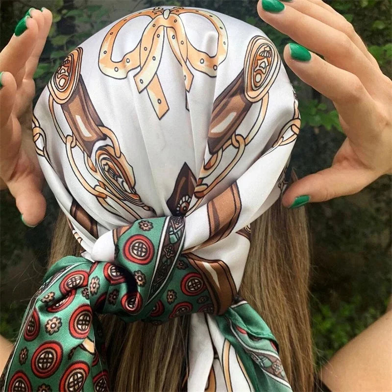Satin Square Scarf Women Muslim Hijab Elegant 2025 Print Silk Neckerchief Shawl Wraps Headband Handle Hair Accessories Bandana