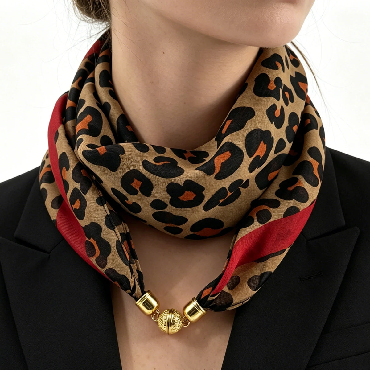 Leopard Print Magnetic Buckle Scarf, 60cm Square Thin Chiffon Neck Scarf, Quick & Easy Wear Fastening Neck Wrap,Decorative Scarf