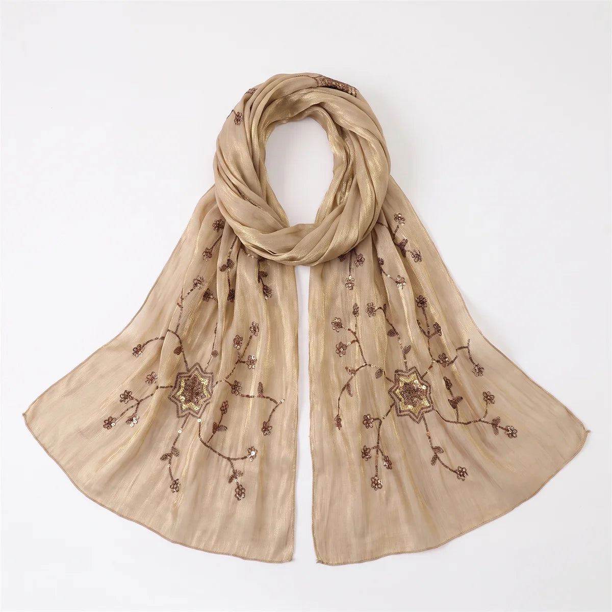Fashion Crinkle Hijab Scarf With Floral Sequin Embroidery Lightweight Headscarf Shawl For Women Wedding Evening Cocktail Party