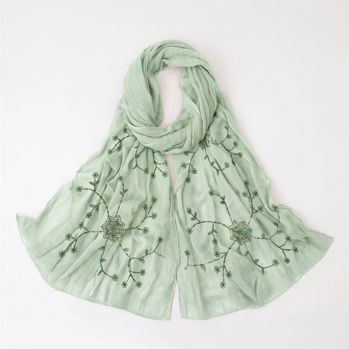 Fashion Crinkle Hijab Scarf With Floral Sequin Embroidery Lightweight Headscarf Shawl For Women Wedding Evening Cocktail Party