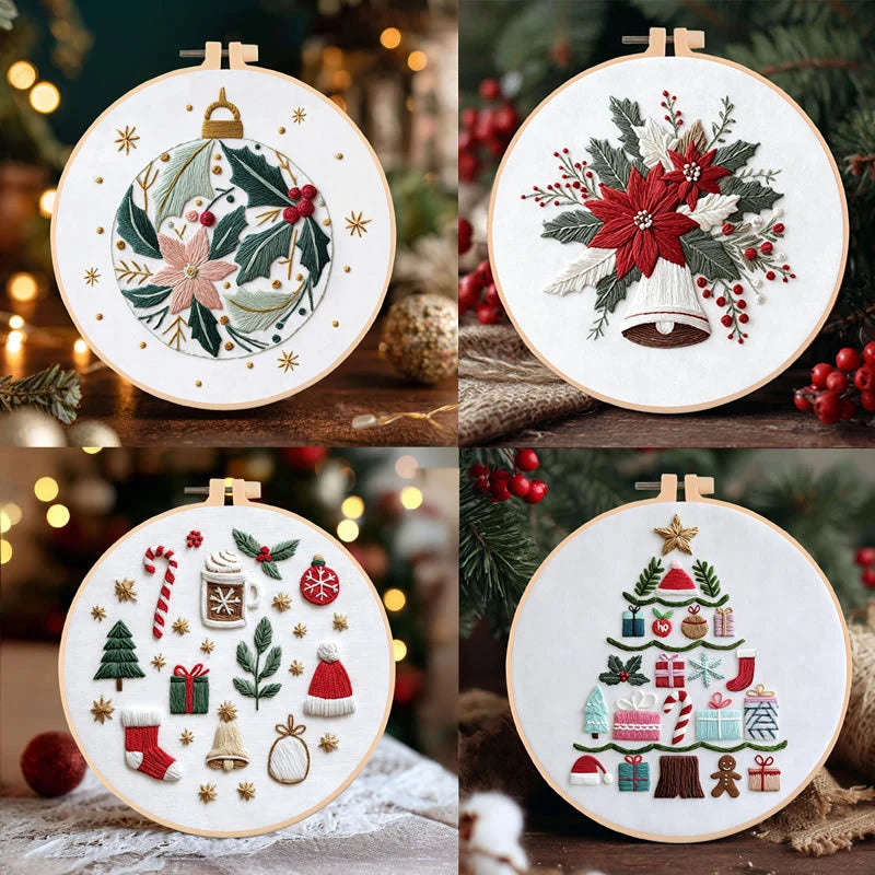 DIY Embroidery Christmas Tree Flower Wreath Winter Snow Cloth Hoop Threads Needles And English Instructions Kit Handmade Gift