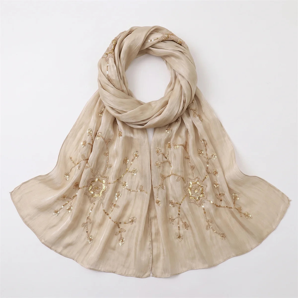 Fashion Crinkle Hijab Scarf With Floral Sequin Embroidery Lightweight Headscarf Shawl For Women Wedding Evening Cocktail Party