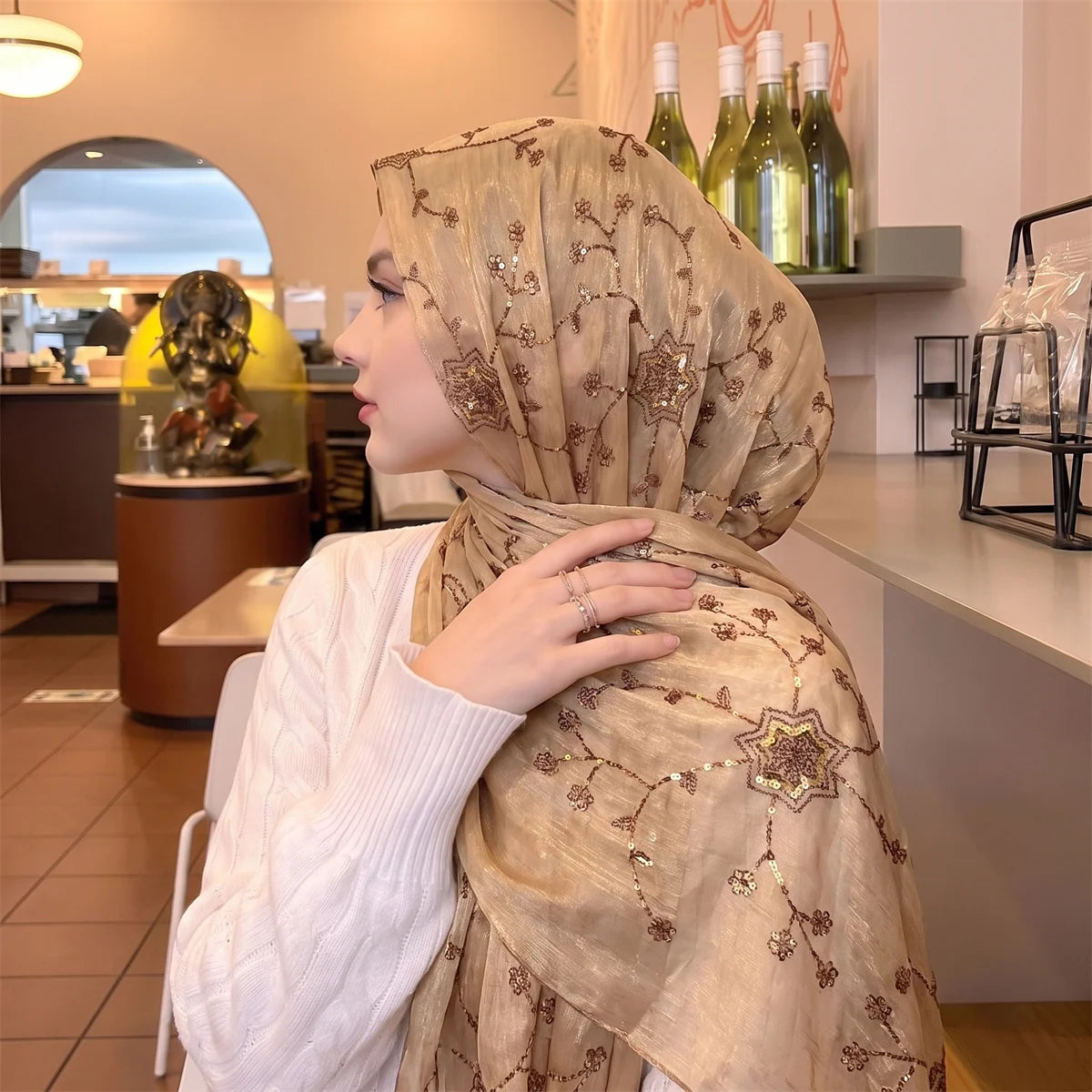 Fashion Crinkle Hijab Scarf With Floral Sequin Embroidery Lightweight Headscarf Shawl For Women Wedding Evening Cocktail Party