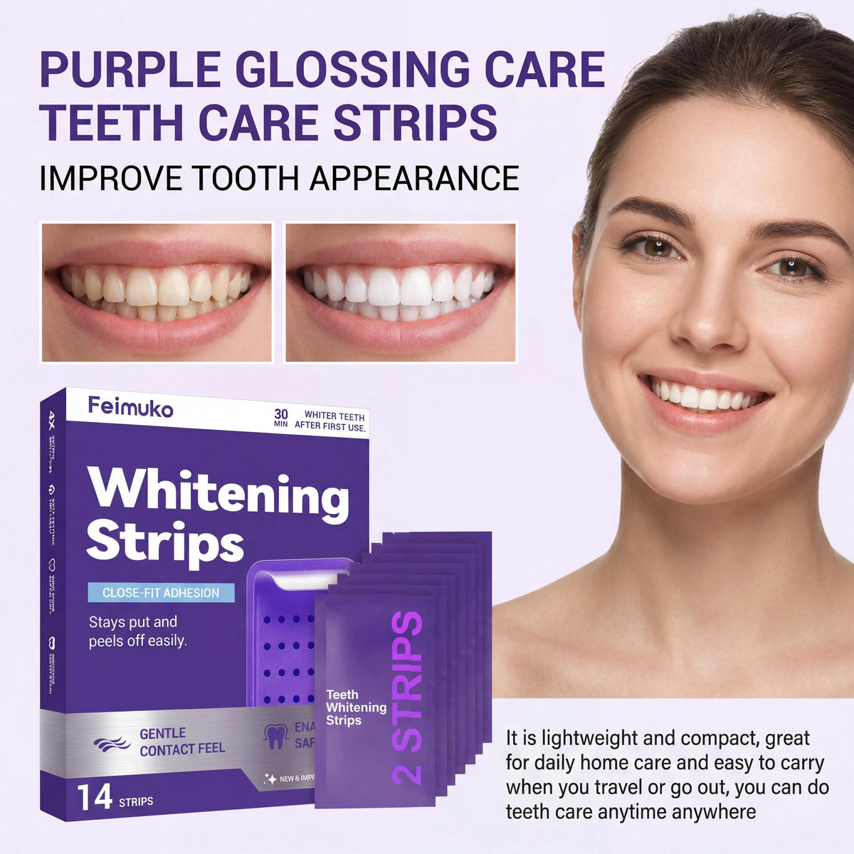 Purple Teeth Whitening Strips for Sensitive Teeth Remove Coffee Wine Smoking Stains Non Slip Improve Dental Yellowing Bright Smile Teeth Bleaching Strip