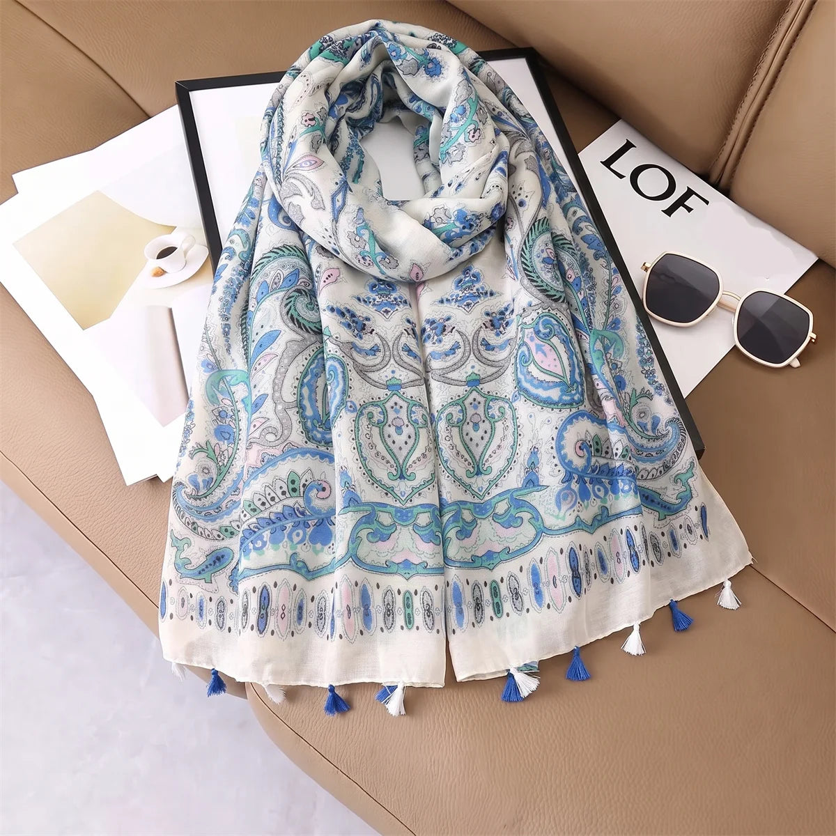 Vintage Paisley Print Tassel Hijab Scarf Women Soft Cotton Linen Shawl Wrap Lightweight Muslim Headscarf Autumn Summer Accessory