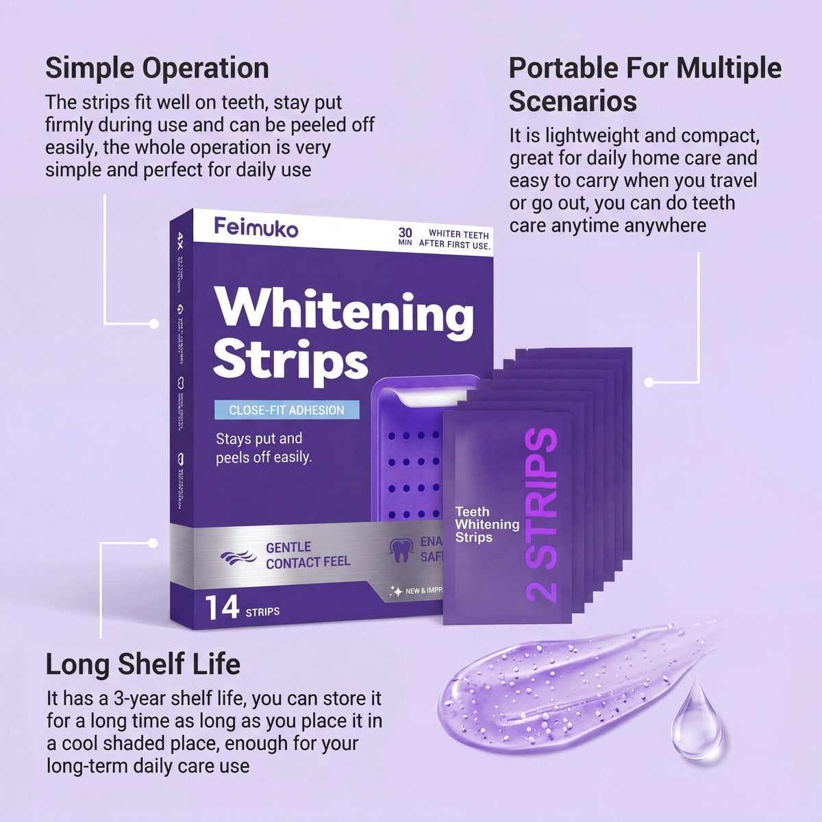 Purple Teeth Whitening Strips for Sensitive Teeth Remove Coffee Wine Smoking Stains Non Slip Improve Dental Yellowing Bright Smile Teeth Bleaching Strip
