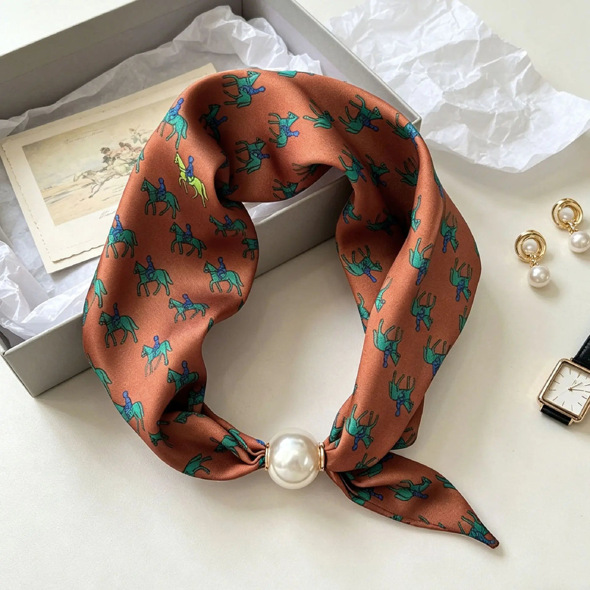 Luxury Knight Pearl Magnetic Scarf Women Summer Versatile Breathable Neckerchief Fashion Artistic Accessory Neck Wrap Scarves