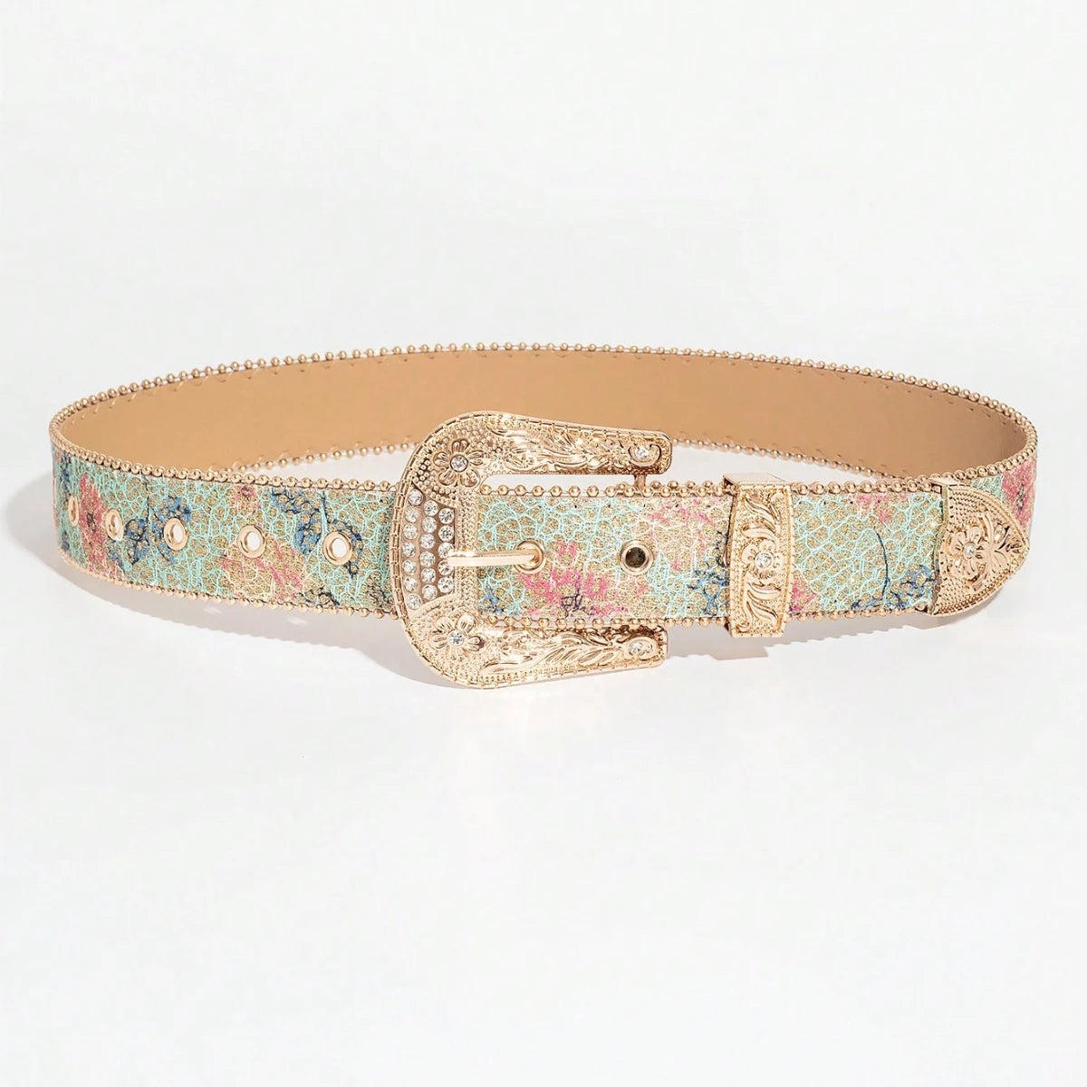 1pc Women's Light Luxury Elegant Carved Metal Buckle Multi-color Flower Glitter Print Beaded Belt Jeans Belt