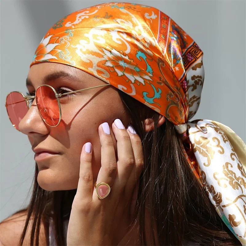 Satin Square Scarf Women Muslim Hijab Elegant 2025 Print Silk Neckerchief Shawl Wraps Headband Handle Hair Accessories Bandana