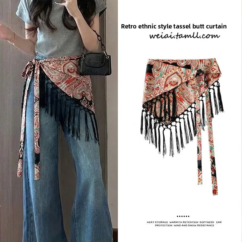 Tassel Tie Waist Seal Printed Triangle Scarf Women Spring Summer Fashion Skirt Panel Bohemian Layering Waistband Accessory