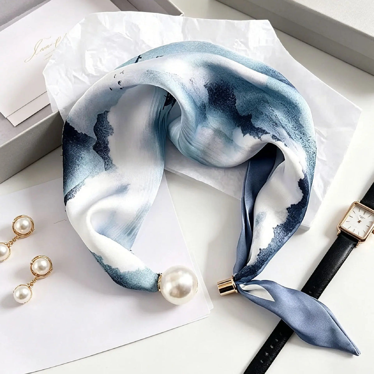 Luxury Knight Pearl Magnetic Scarf Women Summer Versatile Breathable Neckerchief Fashion Artistic Accessory Neck Wrap Scarves