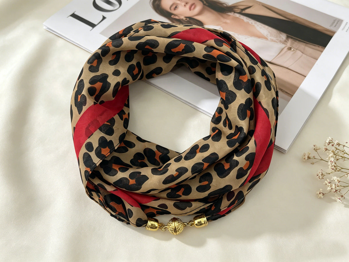 Leopard Print Magnetic Buckle Scarf, 60cm Square Thin Chiffon Neck Scarf, Quick & Easy Wear Fastening Neck Wrap,Decorative Scarf