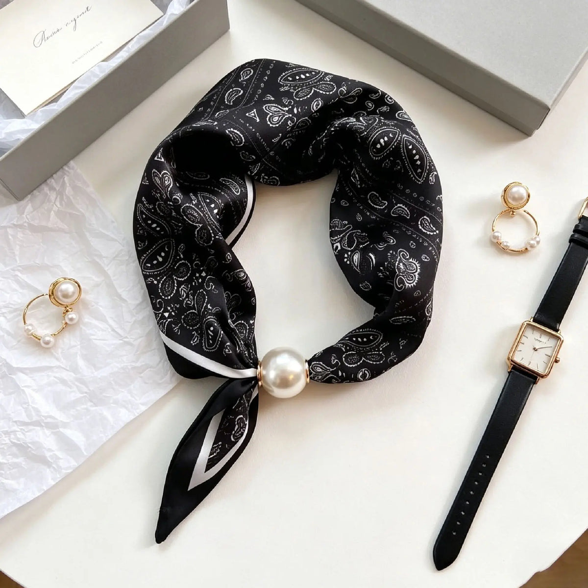 Luxury Knight Pearl Magnetic Scarf Women Summer Versatile Breathable Neckerchief Fashion Artistic Accessory Neck Wrap Scarves