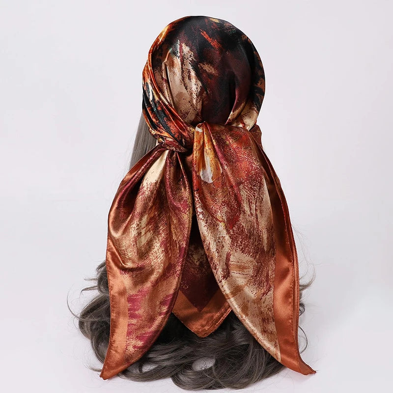 Satin Square Scarf Women Muslim Hijab Elegant 2025 Print Silk Neckerchief Shawl Wraps Headband Handle Hair Accessories Bandana