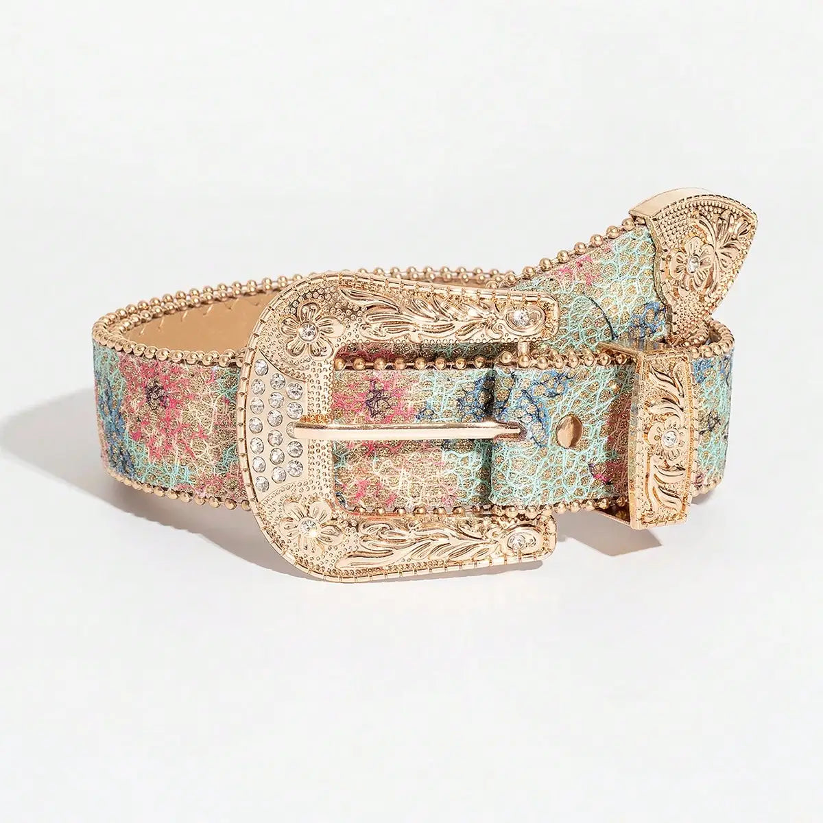 1pc Women's Light Luxury Elegant Carved Metal Buckle Multi-color Flower Glitter Print Beaded Belt Jeans Belt