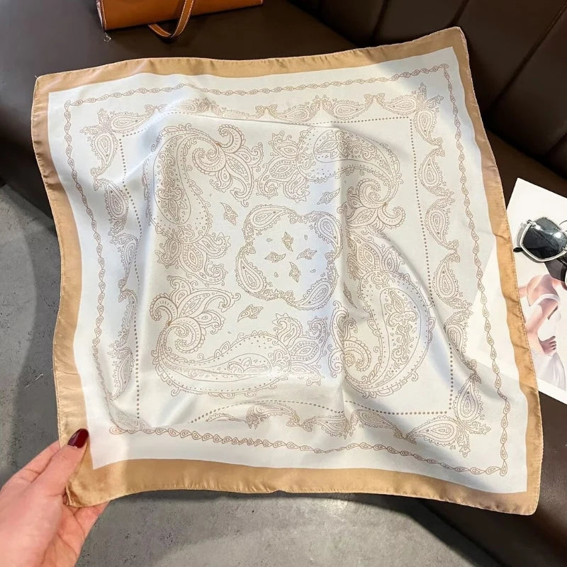 Vintage Beige Paisley Print Square Scarf Satin Silk Bandana for Women Summer Daily Commute Sun Protection Neck Hair Accessory