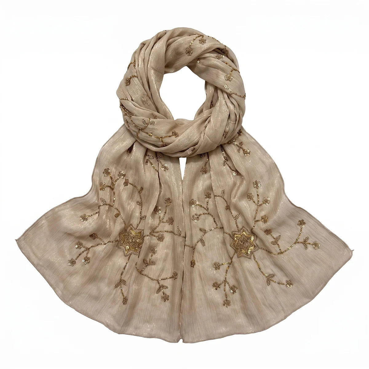 Fashion Crinkle Hijab Scarf With Floral Sequin Embroidery Lightweight Headscarf Shawl For Women Wedding Evening Cocktail Party