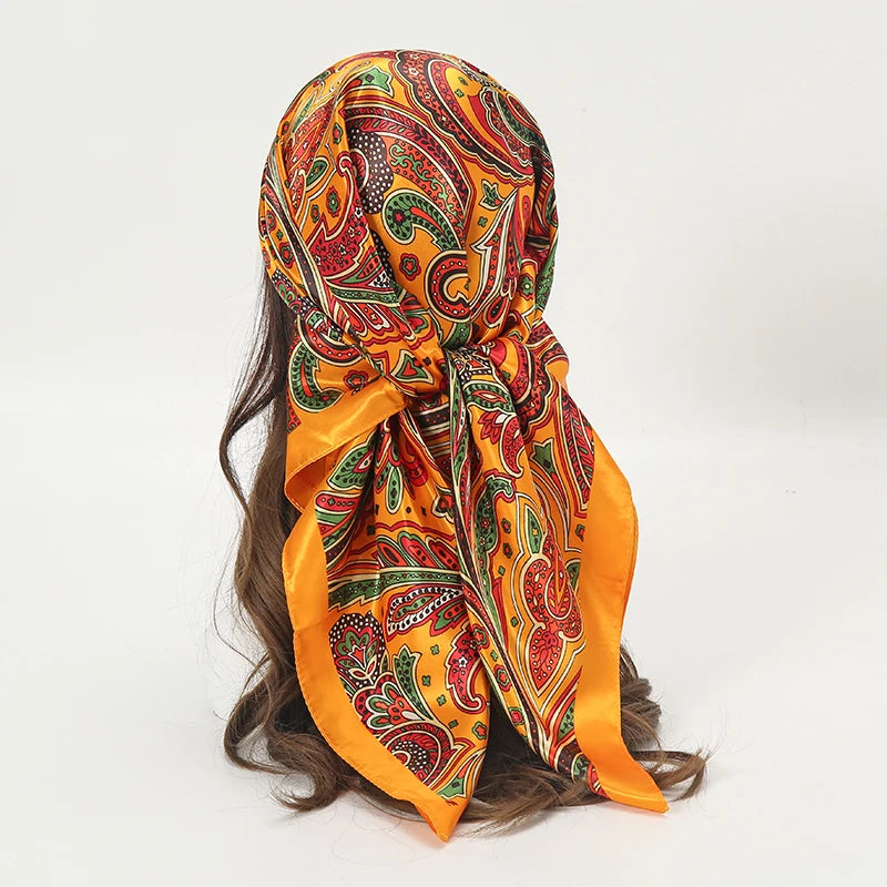 Satin Square Scarf Women Muslim Hijab Elegant 2025 Print Silk Neckerchief Shawl Wraps Headband Handle Hair Accessories Bandana