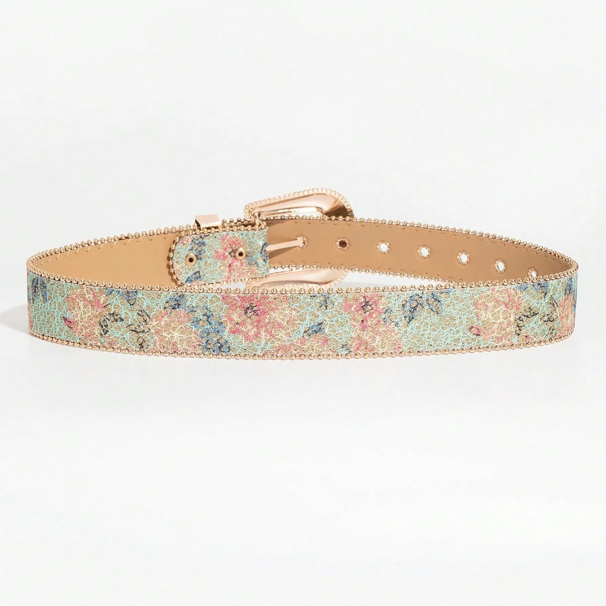 1pc Women's Light Luxury Elegant Carved Metal Buckle Multi-color Flower Glitter Print Beaded Belt Jeans Belt