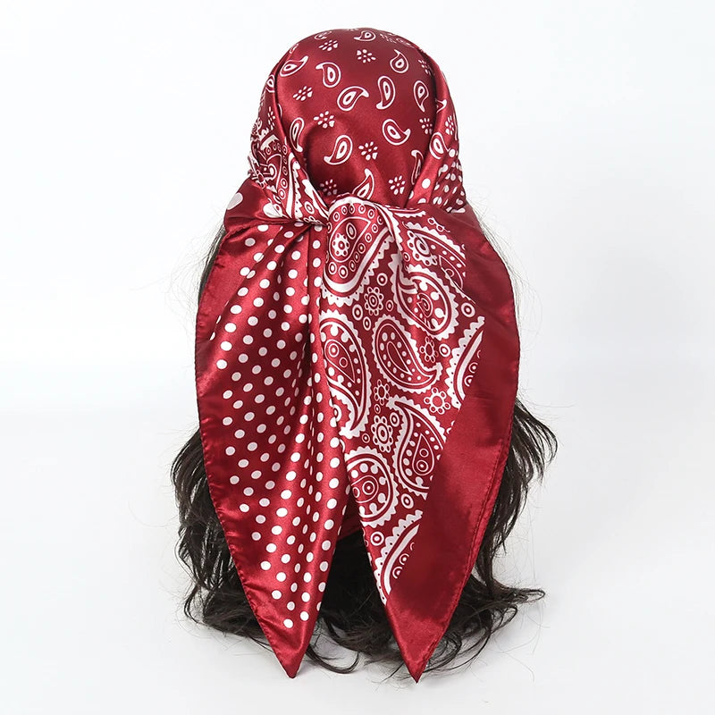 Satin Square Scarf Women Muslim Hijab Elegant 2025 Print Silk Neckerchief Shawl Wraps Headband Handle Hair Accessories Bandana