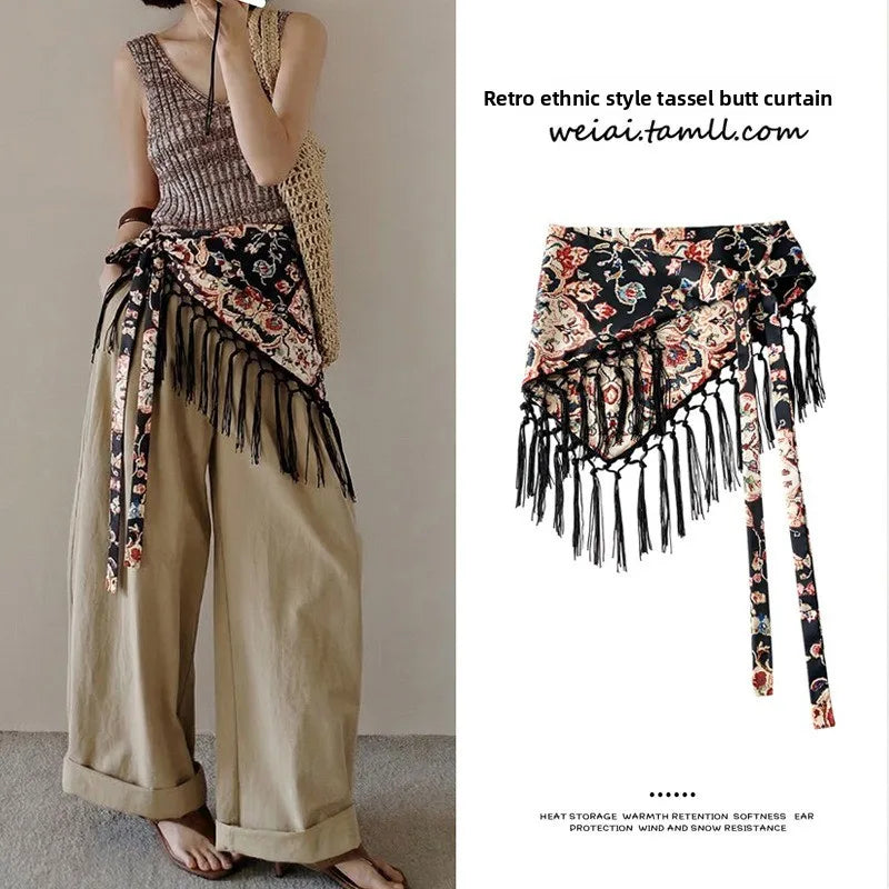 Tassel Tie Waist Seal Printed Triangle Scarf Women Spring Summer Fashion Skirt Panel Bohemian Layering Waistband Accessory