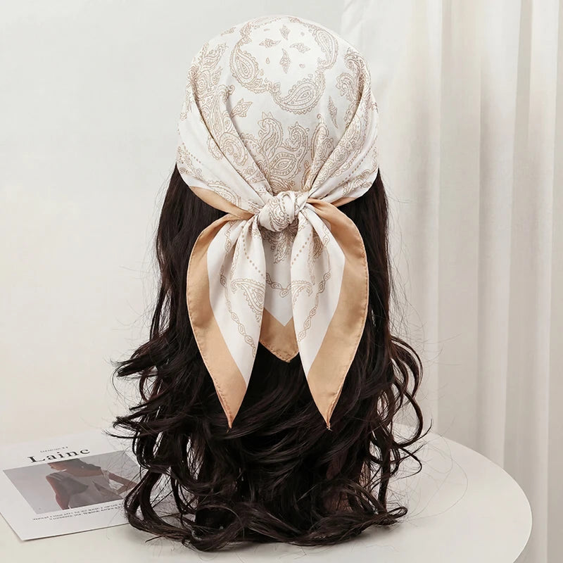 Vintage Beige Paisley Print Square Scarf Satin Silk Bandana for Women Summer Daily Commute Sun Protection Neck Hair Accessory