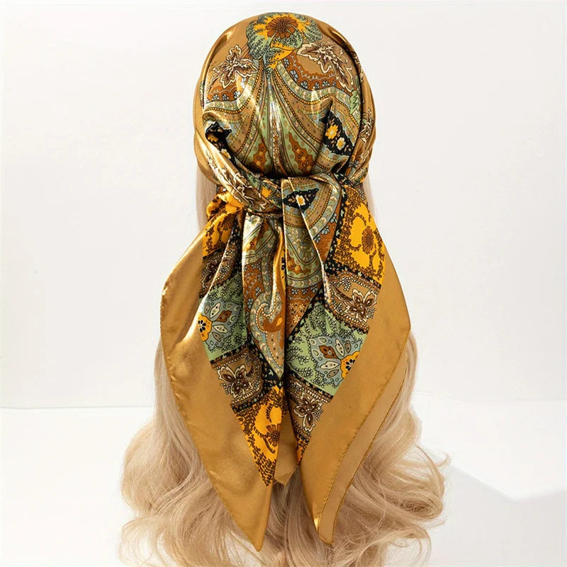 Satin Square Scarf Women Muslim Hijab Elegant 2025 Print Silk Neckerchief Shawl Wraps Headband Handle Hair Accessories Bandana