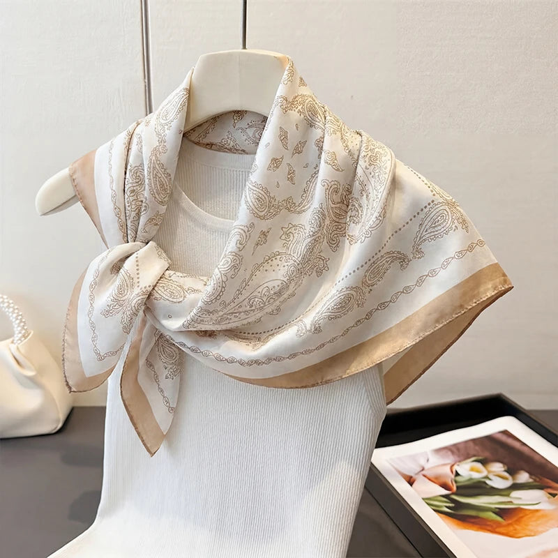 Vintage Beige Paisley Print Square Scarf Satin Silk Bandana for Women Summer Daily Commute Sun Protection Neck Hair Accessory