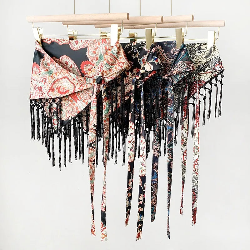Tassel Tie Waist Seal Printed Triangle Scarf Women Spring Summer Fashion Skirt Panel Bohemian Layering Waistband Accessory