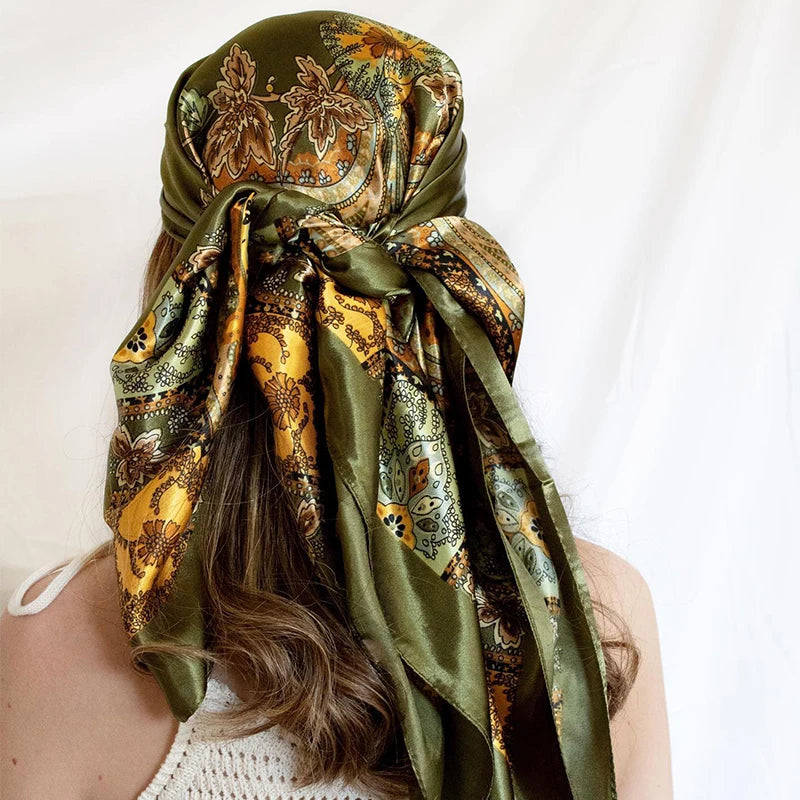 Satin Square Scarf Women Muslim Hijab Elegant 2025 Print Silk Neckerchief Shawl Wraps Headband Handle Hair Accessories Bandana